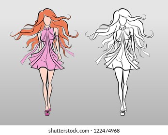 Fashion Catwalk Model. Vector image of a catwalk model in fashionable dress. Hand-drawing/sketchy style