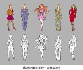 Fashion Catwalk Models. Vector image set of fashion female models in sketchy/hand-drawing style