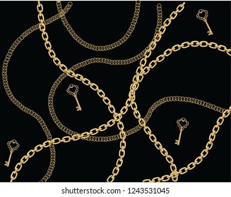 fashion chain and belt gold seamless fashion gold chain design Baroque print with chains, keys. Seamless vector pattern with trendy accessories. Women's fashion collection. On black background.