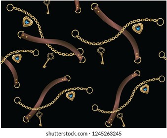 fashion chain and belt gold seamless fashion gold chain design Baroque print with chains, keys. Seamless vector pattern with trendy accessories. Women's fashion collection. On black background.
