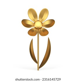 Fashion chamomile premium metallic flower romantic composition decor element 3d icon realistic vector illustration. Floral plant golden petal and stem beauty cosmetic wedding floristic luxury design