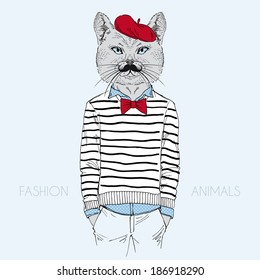 fashion character of dressed up cat, french chic style