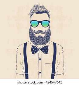 fashion character illustration, gentleman hipster with sun glasses, jazz bow and galluses