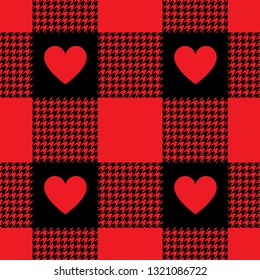 Fashion check plaid pattern with hearts. Hounds tooth texture. Seamless tile for textile graphics. Buffalo babric plaid for Valentine's Day.