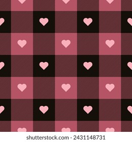 Fashion check plaid pattern with hearts Black and pink Check Checked. Gingham Pattern Editable Stroke. Buffalo plaid for Cartoon Illustration, Mat, Fabric, Textile, Scarf, Wrapping Paper.