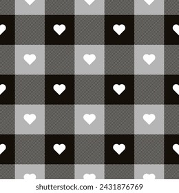 Fashion check plaid pattern with hearts Black and white Check Checked. Gingham Pattern Editable Stroke. Buffalo plaid for Cartoon Illustration, Mat, Fabric, Textile, Scarf, Wrapping Paper.