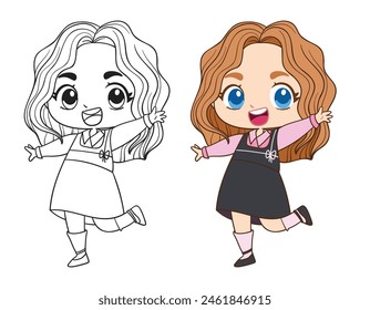 Fashion chibi woman in the little black dress in color and black and white version