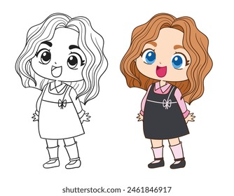 Fashion chibi woman in the little black dress in color and black and white version