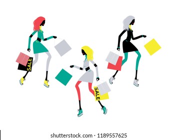 Fashion chic style girl running and holding sale shopping bags. 