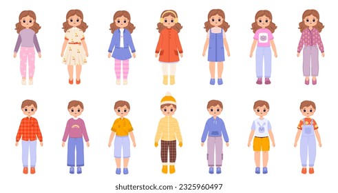 Fashion children, stylish toddler in sweater and dress. Summer outfit, kids wear winter clothes. Cartoon baby boy and girl, snugly vector set