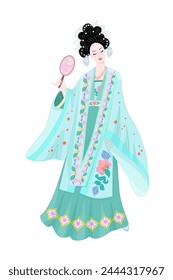 fashion chinese woman with closed eyes in vintage luxury dress hanfu holding a fan