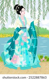 Mujer china de la moda en el hanfu tradicional del vestido que sostiene la rama frondosa del sauce contra el paisaje del verano con el lago