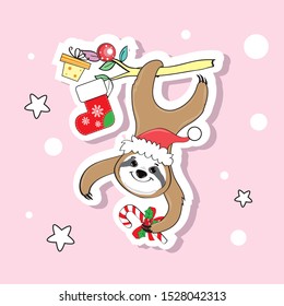 Fashion christmas badges with funny christmas sloth on a pink background