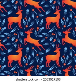 Fashion christmas magic deer and winter plants with red berries seamless pattern. 