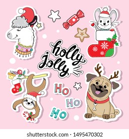 Fashion christmas patch badges with funny animals christmas llama, pug dog, mouse and sloth on a pink background