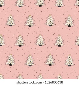 Fashion Christmas Tree Pink and Gold Vector Seamless Pattern