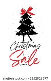 Fashion Christmas tree toy on legs with high heels with lettering sale poster drawing on white background