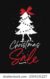 Fashion Christmas tree toy on legs with high heels with lettering sale poster drawing on black background