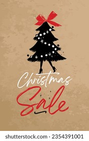 Fashion Christmas tree toy on legs with high heels with lettering sale poster drawing on craft paper background