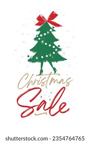 Fashion Christmas tree toy on legs with high heels with lettering sale poster drawing on light background