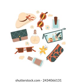 Fashion circle composition isolated on white background. Beauty accessories round emblem. Hat, sunglasses with fragrance and cosmetic. Vector flat illustration.