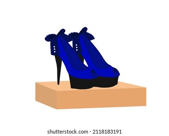 Fashion classic high heel shoes. Women's shoes in blue with large soles, high heels and rhinestones on the bow at the heel. Color illustration on a white background.