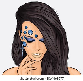 Fashion close-up girl portrait. Creative bright makeup. Beautiful caucasian brunette woman model with long brown hair. Vector ESP illustration.