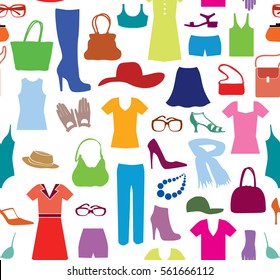 Fashion cloth seamless pattern. Women clothes and accessories. Retail tile dress sale background