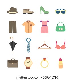 Fashion and clothes accessories icons of pants shirt dress and bra vector illustration