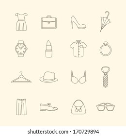 Fashion and clothes accessories icons of pants shirt dress and bra vector illustration