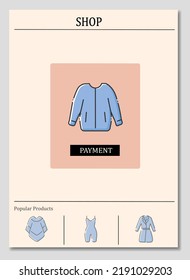 Fashion clothes brochure. Bomber jacket shopping. Web store template. Popular products. Flyer, magazine, poster, book cover, booklet. Payment infographic concept. Layout illustration page with icon
