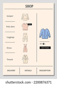 Fashion Clothes Brochure. Online Store Website Template. Popular Products. Flyer, Magazine, Poster, Book Cover, Booklet. Shopping Infographic Concept. Layout Illustration Page With Icon