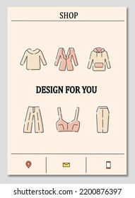 Fashion Clothes Brochure. Online Store Website Template. Designs For Everyone. Flyer, Magazine, Poster, Book Cover, Booklet. Shopping Infographic Concept. Layout Illustration Page With Icon