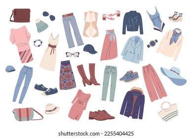 Fashion clothes bundle, bohemian lifestyle. Warming apparel, accessories and shoes. Winter summer season dresses and pants, flat kicky vector pack