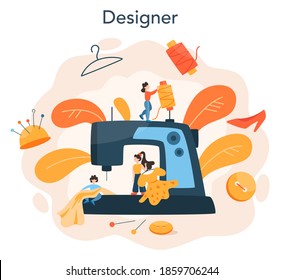 Fashion or clothes designer concept. Professional tailor sewing clothes. Dressmaker working on power sewing machine and taking measurements. Creative atelier profession. Vector illustration