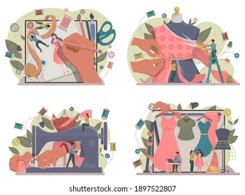 Fashion or clothes designer concept. Tiny tailor masters sewing clothes and working with a mannequin. Designing new collection in sewing studio. Dressmaker working on sewing machine. Vector.