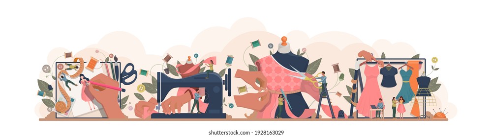 Fashion or clothes designer concept. Tiny tailor masters sewing clothes and working with a mannequin. Designing new collection in sewing studio. Dressmaker working on sewing machine. Vector.