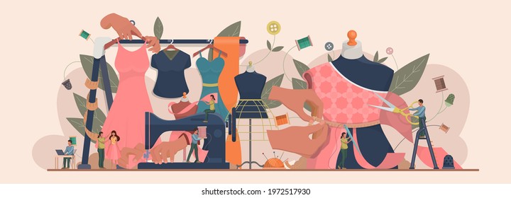 Fashion or clothes designer concept. Tiny tailor masters sewing clothes and working with a mannequin. Designing new collection in sewing studio. Dressmaker working on sewing machine. Vector.
