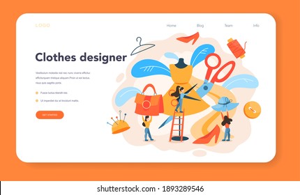 Fashion or clothes designer web banner or landing page. Professional tailor sewing clothes. Dressmaker working on power sewing machine and taking measurements. Vector illustration