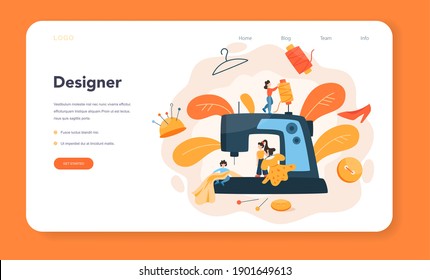 Fashion or clothes designer web banner or landing page. Professional tailor sewing clothes. Dressmaker working on power sewing machine and taking measurements. Vector illustration