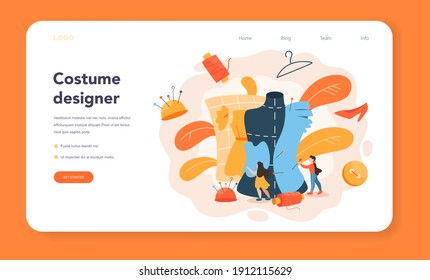 Fashion or clothes designer web banner or landing page. Professional tailor sewing clothes. Dressmaker working on power sewing machine and taking measurements. Vector illustration