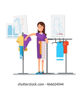 Fashion clothes designer working on dress project trying different fabric to create a new style with sewing patterns in background. Master tailor. Modern flat style vector isolated illustration.