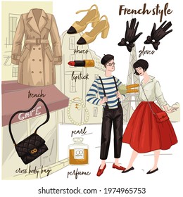 Fashion and clothes of French people. Man and woman wearing traditional clothing, male and female with skirt and hat. Bag and shoes on heel, lipsticks and gloves, trench and perfume. Vector in flat