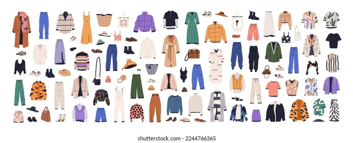 Fashion clothes, garments and accessories set. Female apparel, dresses, pants, modern shoes, coats, sweaters, hats in casual style. Flat graphic vector illustrations isolated on white background