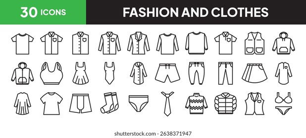 Fashion and clothes icon set in line style. Collection of apparel and clothing types linier icons. including shirt, sweater, jacket, dress, pants, shorts, socks, etc. Editable stroke