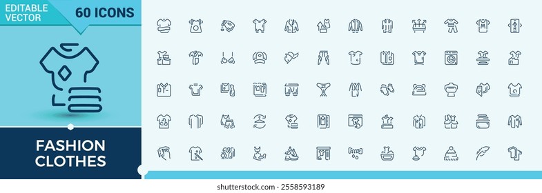 Fashion Clothes line icons set. Containing sneakers, winter, garment, leather, tshirt, fashion, clothing and more. Pixel perfect. Editable vector stroke.