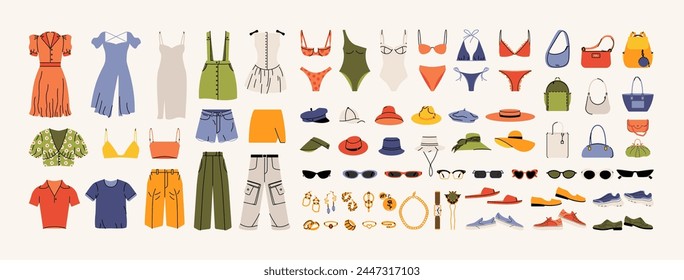 Fashion clothes mega set. Summer garments and accessories, stylish woman apparel, dresses swimsuits t-shirts pants shoes shorts bags hats casual elegant style. Flat vector collection