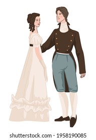 Fashion And Clothes Of Old Times, Man And Woman Wearing Traditional Clothing For Victorian Age. Couple In Love Holding Hands, Rich Lady And Dandy On Reception Or Fancy Ball. Vector In Flat Style