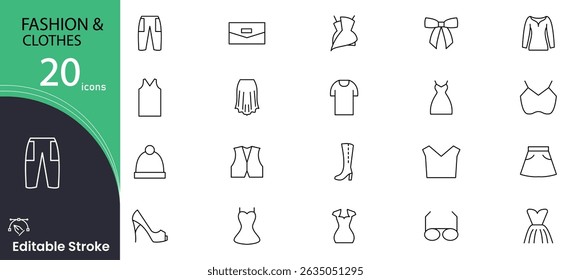 Fashion and clothes related icon collections. Containing style, apparel, outfit, fabric, dress, accessories, design, trend, wardrobe, and boutique icons. Editable Stroke. Outline icons.