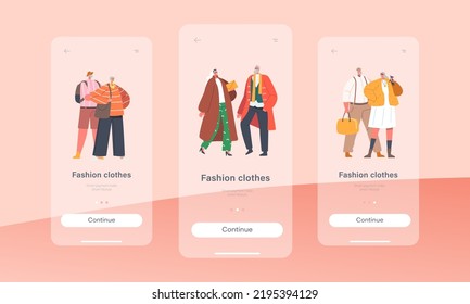 Fashion Clothes for Seniors Mobile App Page Onboard Screen Template. Trendy Modern and Elegant Aged Pensioners. Old Characters Wear Fashionable Apparel Concept. Cartoon People Vector Illustration